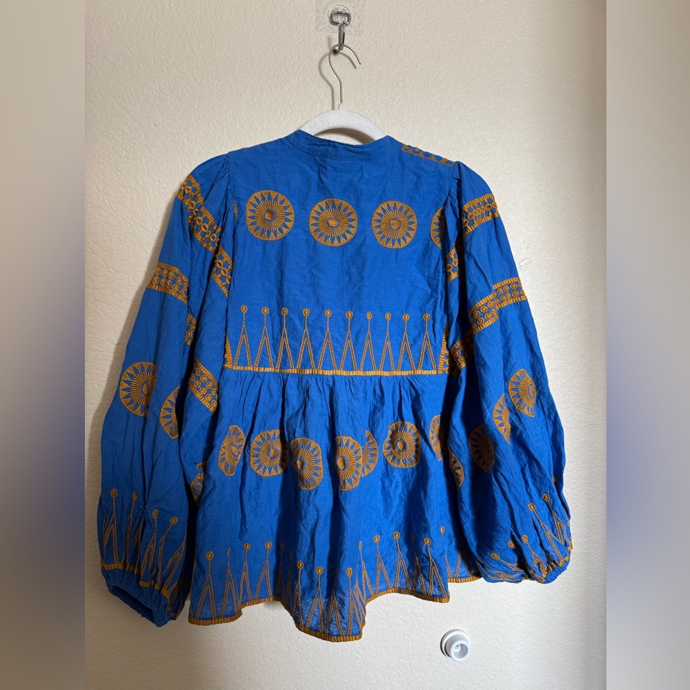 Oliphant Mandarin Balloon Sleeve Top Sz Medium Soleil Blue Cotton Boho Flowy - Picture 8 of 9